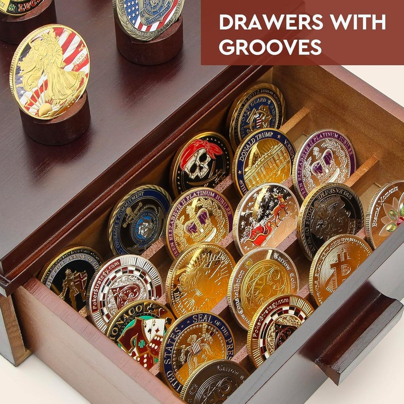 ULTRGEE Challenge Coin Display Case, Military Coin Collection Holder with Wooden Coin Box, Drawers, and Clear Acrylic Lid – Gifts for Coins Collectors (5 Pillars) - Image 5